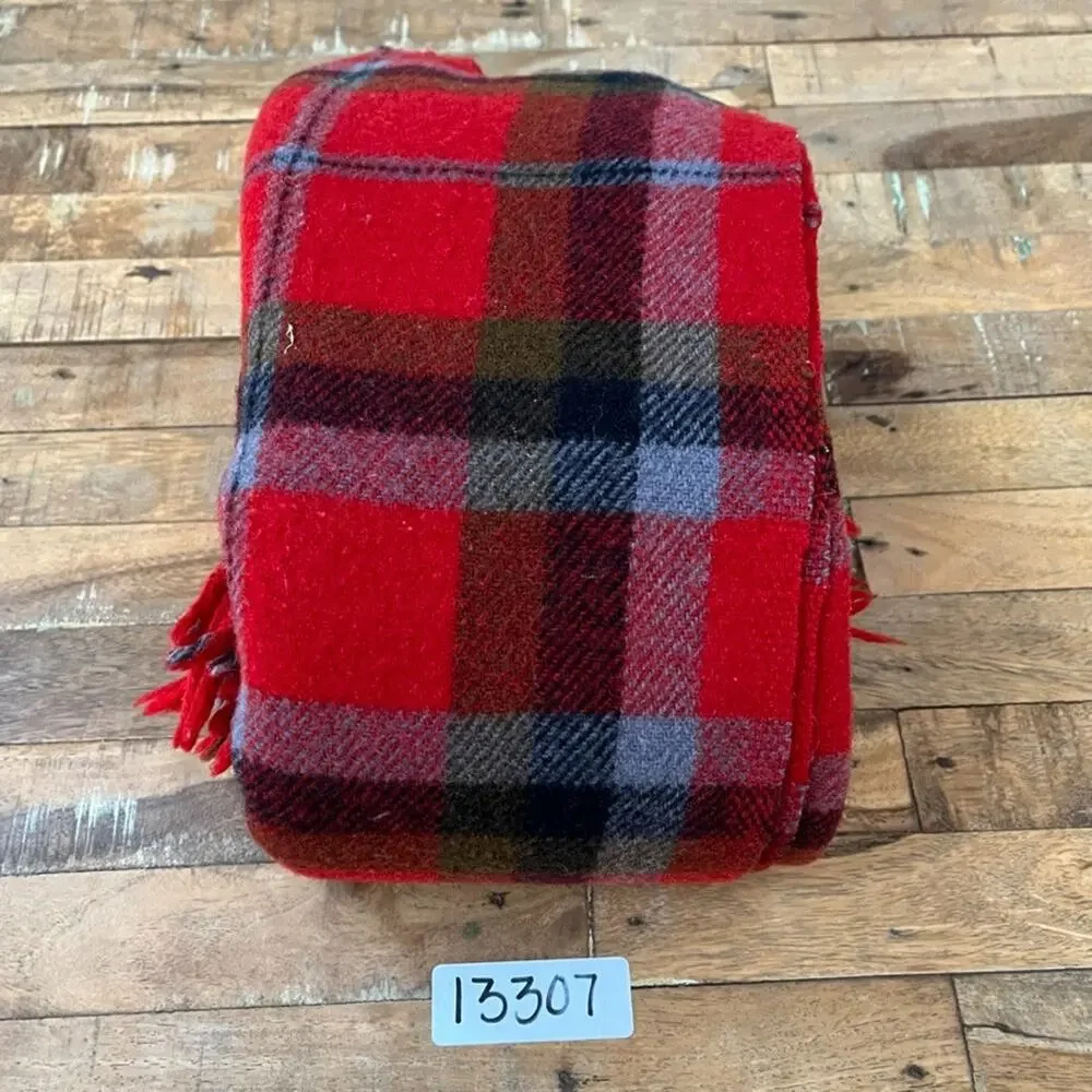 Vintage Red Tartan Plaid Fringed Wool Throw Blanket 49 x 55 in